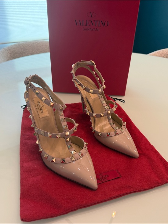 Valentino Shoes - Valentino Nude Patent Leather Rockstud Strap Pumps